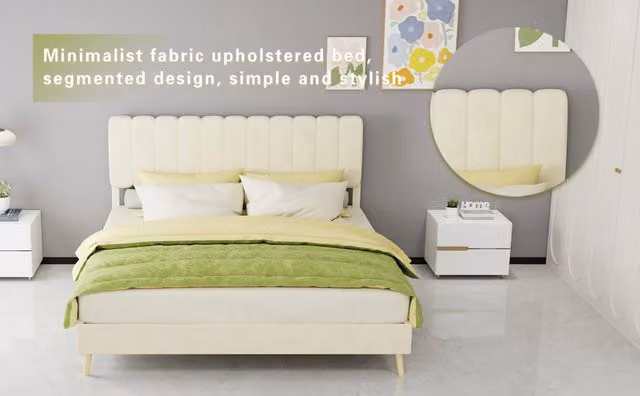 Letto imbottito minimalista 160×200 cm in velluto con testiera morbida e base bassa senza contenitore, beige, senza materasso