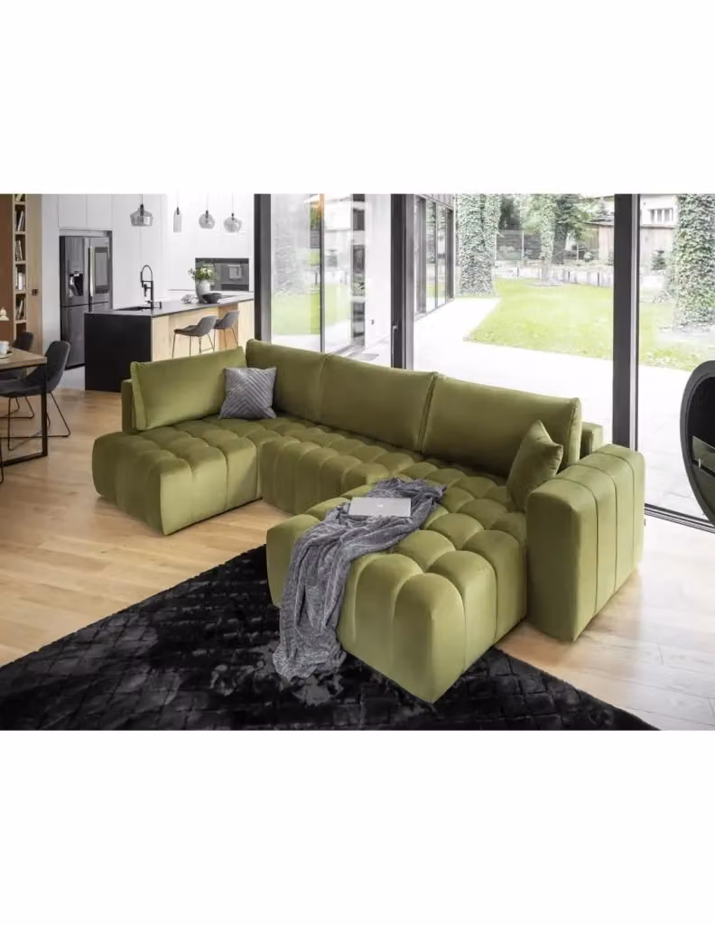 Divano ad angolo BONITA MEUBLORAMA convertibile 6 posti in velluto verde, lato destro, con funzione letto e poggiatesta regolabile, L/P/H: 350 x 175 x 92 cm – 2