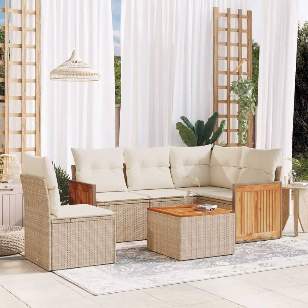 vidaXL Set Divano da Giardino a L in Polyrattan Beige con Cuscini e Tavolino da Esterno – 1