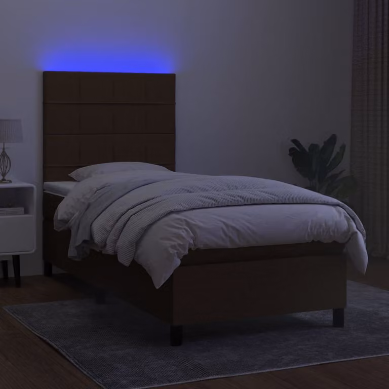 The Living Store Letto a molle con materasso e LED in tessuto marrone scuro 90x200 cm