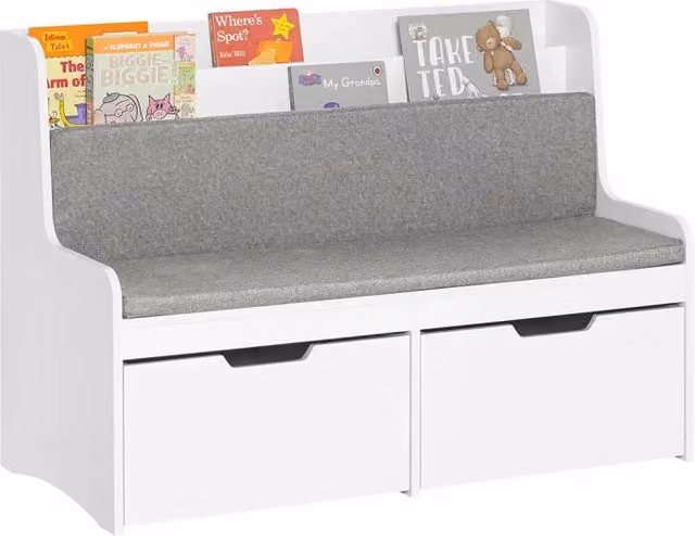 Panca per bambini SoBuy con libreria e portaoggetti, scarpiera con cuscino sedile bianco, L 100 cm x P 45 cm x H 70 cm