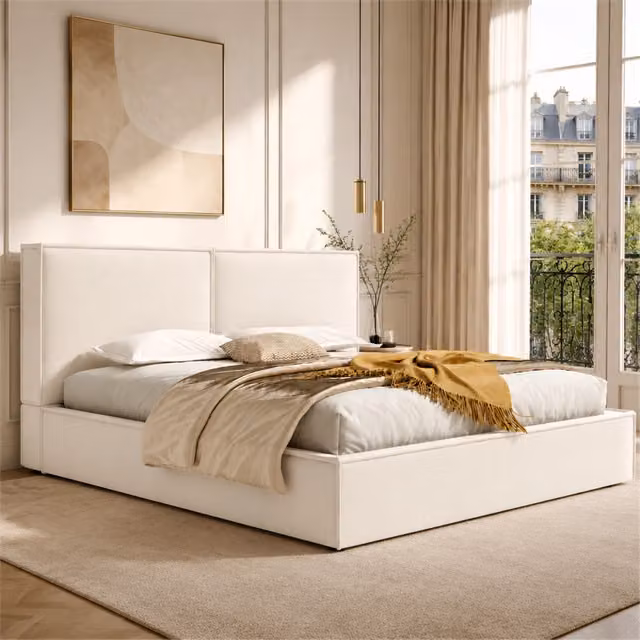 Letto matrimoniale imbottito 180x200 cm; idraulico con rete a doghe e testiera capitonné; rivestimento in lino; beige