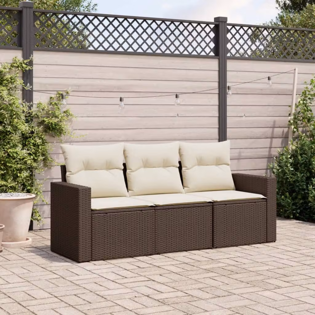 Set Divano da Giardino 3 pz vidaXL in Polyrattan Marrone con Cuscini e Struttura in Metallo – 1