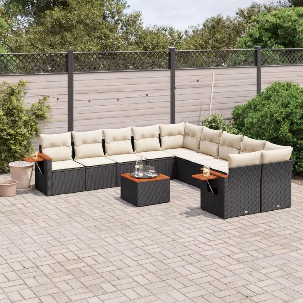 vidaXL Set Divani da Giardino 11 pz in Polyrattan Nero con Cuscini e Tavolino da Esterno – 1