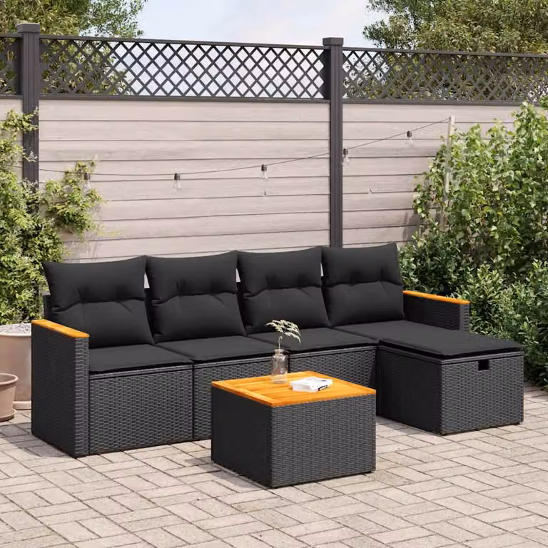 Set Divano da Giardino vidaXL 6 pz in Polyrattan con Cuscini, Forma a L, Colore Nero e Marrone