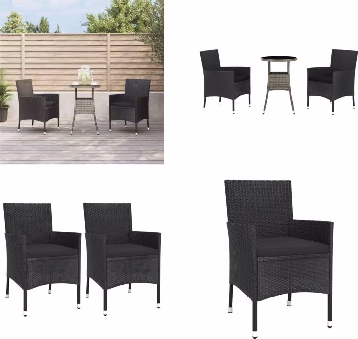 vidaXL Set bistrot da giardino 3 pezzi con cuscini in polirattan nero - Set bistrot da giardino - Set bistrot da giardino - Set mobili da giardino