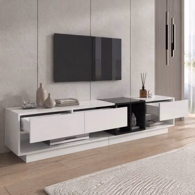 Mobile TV moderno 190x40x42 cm in truciolare lucido; bianco e nero con 3 cassetti e 2 vani aperti