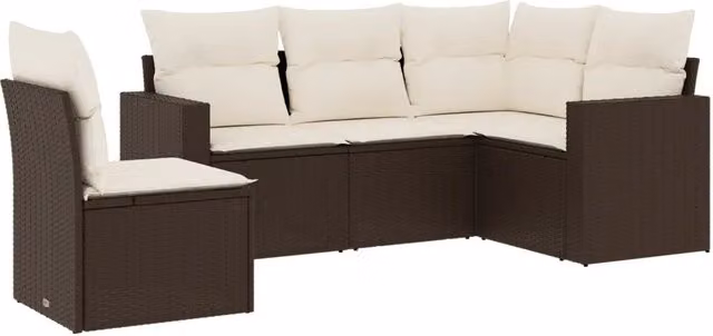 Set Divano da Giardino 5 pz | Set Salotto da Giardino con Cuscini Marrone in Polyrattan