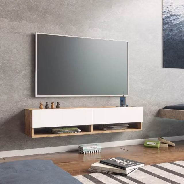 Consolle da parete Laitila en.casa con 2 ante e scomparti per media unit, Rovere e Bianco, L: 140 cm, H: 31,5 cm, P: 29,5 cm