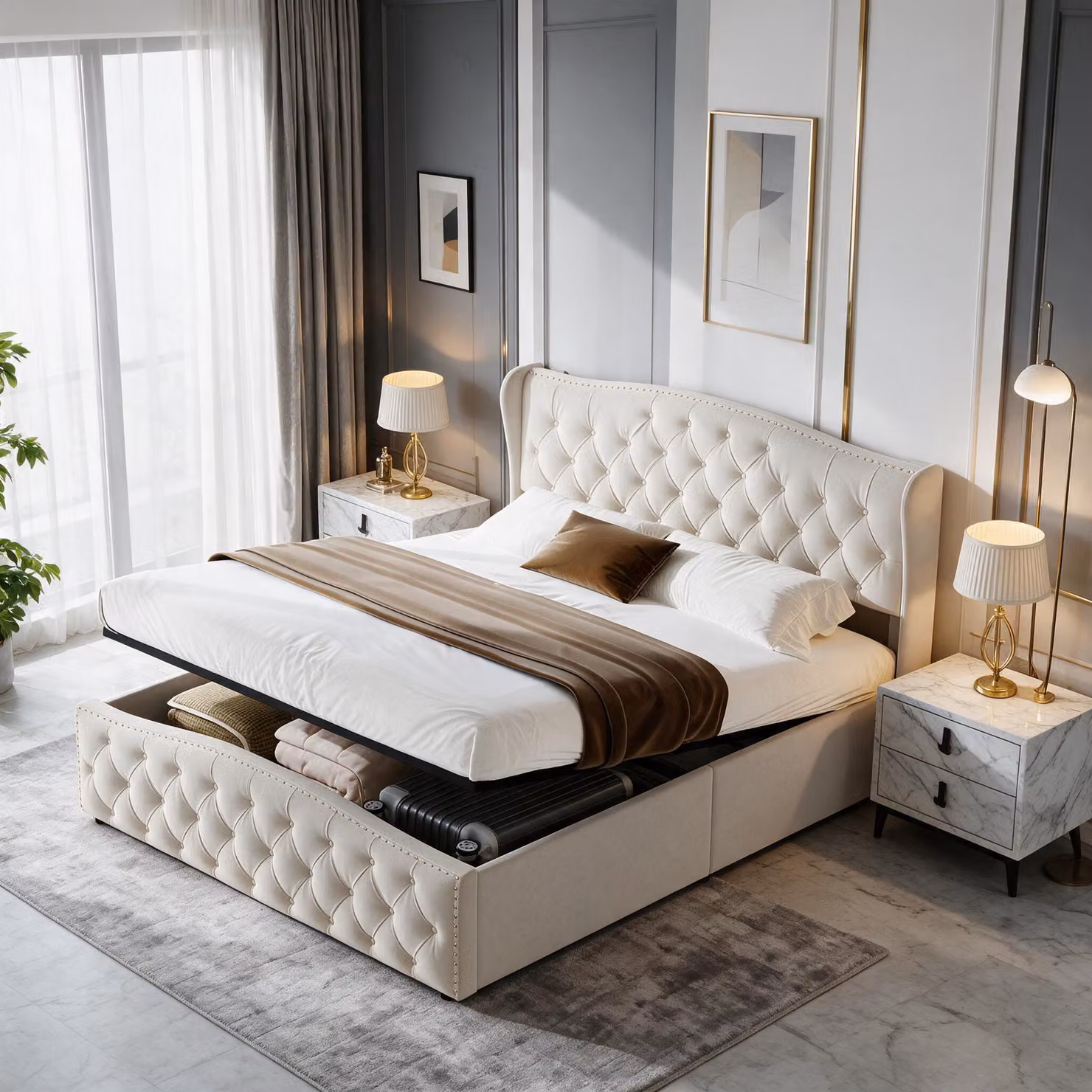 Letto imbottito INONEFT, 160x200 cm, con spazio contenitore, letto per ragazzi con cassone a sollevamento idraulico, letto matrimoniale con rete a doghe, rivestito in velluto, senza materasso, color beige