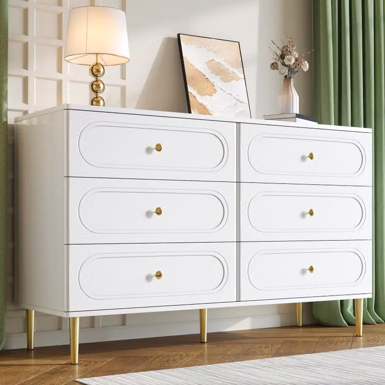 Credenza Merax con 6 cassetti, comò moderno con piedini in metallo e frontali ovali, mobile contenitore per soggiorno e camera da letto, bianco