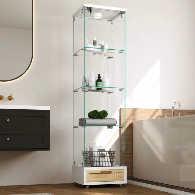 Vetrina Mivray moderna in MDF e vetro bianco con anta in vetro, illuminazione LED integrata, 4 ripiani e ruote con freno, L/P/H: 42.2 x 36.5 x 167 cm