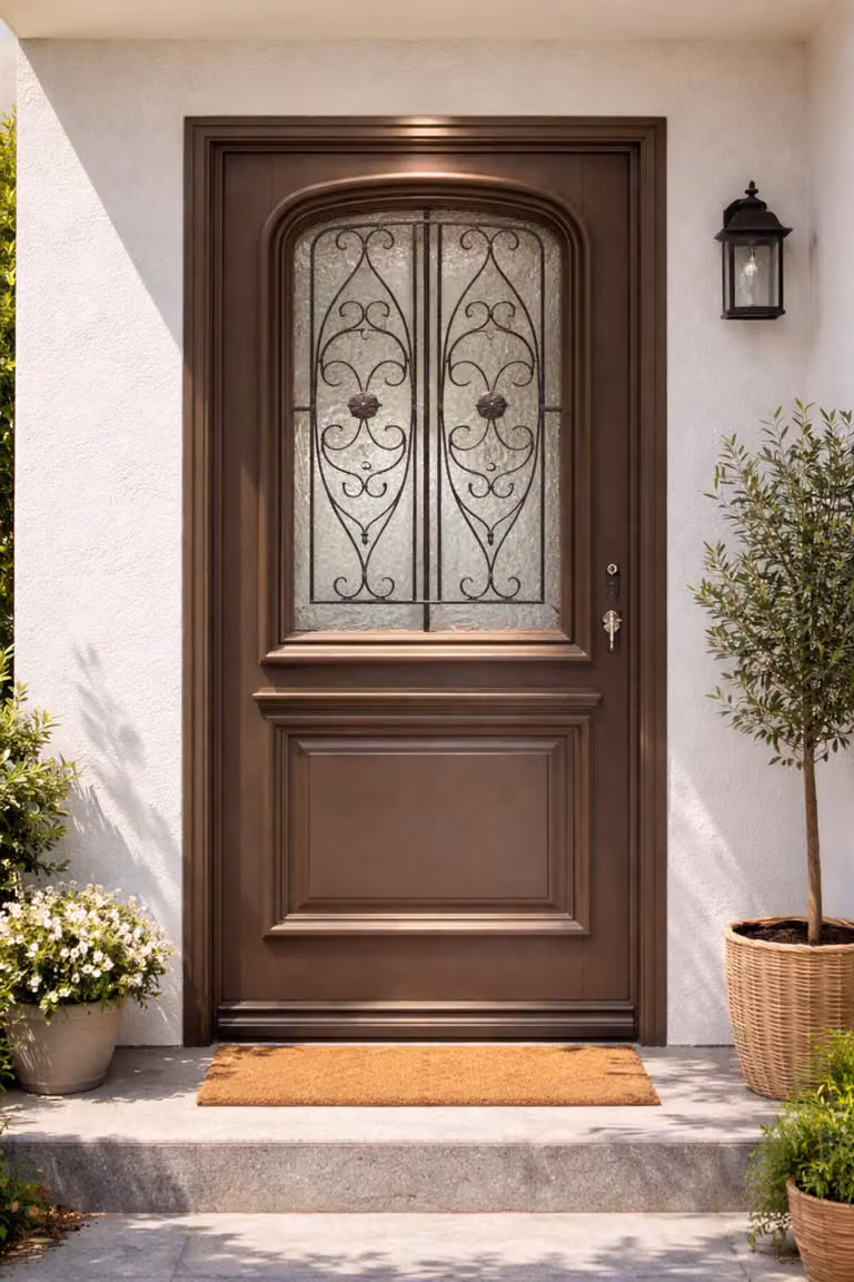 Porta d'ingresso in legno con vetrata Adrien Grigio Quarzo, H.215xL.90 cm lato pannello P. sinistra, maniglia, cilindro, pulsante GD MENUISERIES