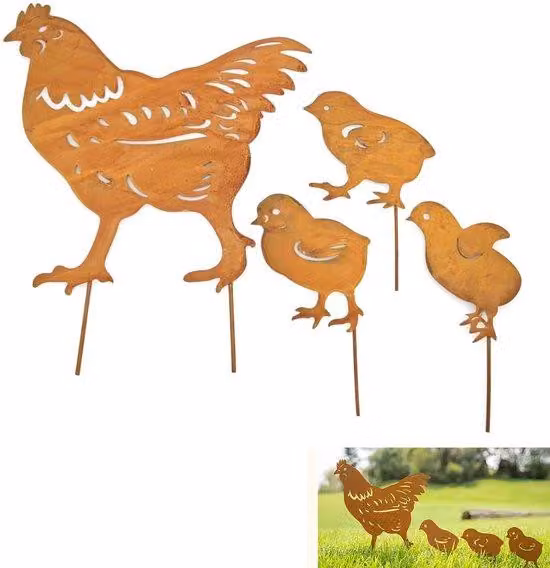 Unyqoos® Decorazione da giardino in metallo: famiglia di galline – finitura effetto ruggine, 1 gallina + 3 pulcini, acciaio inossidabile, ideale per decorare aiuole, vasi e prati, personalizzabile