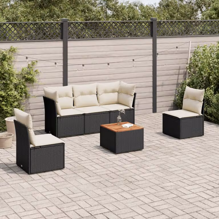 vidaXL Set Divano da Giardino 6 pz in Polyrattan Nero con Cuscini e Tavolino da Caffè