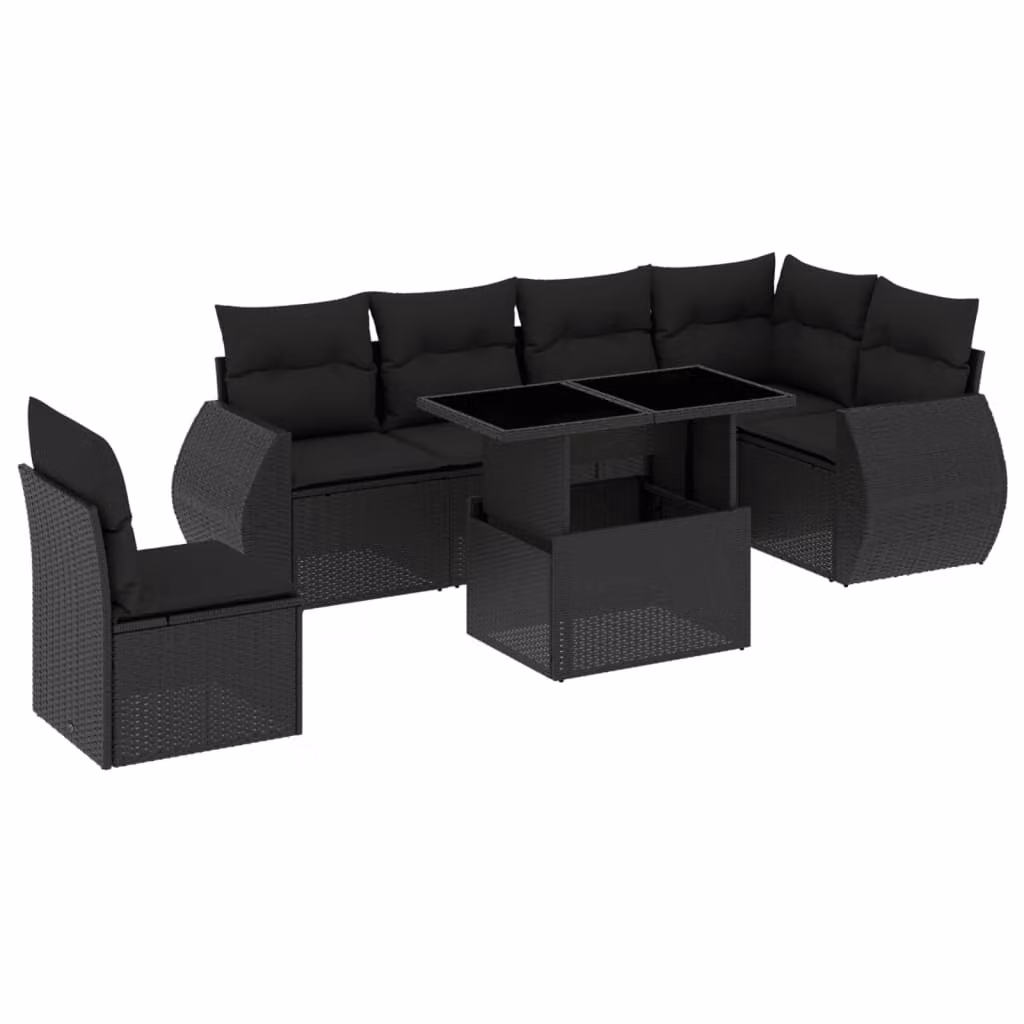 Set Divani da Giardino con Cuscini 7pz Nero Polyrattan