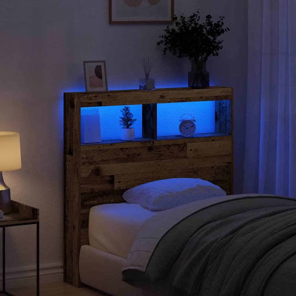 Testiera con Contenitore vidaXL in Legno Antico con Illuminazione LED e Porte USB, L/P/H: 100 x 17 x 102 cm