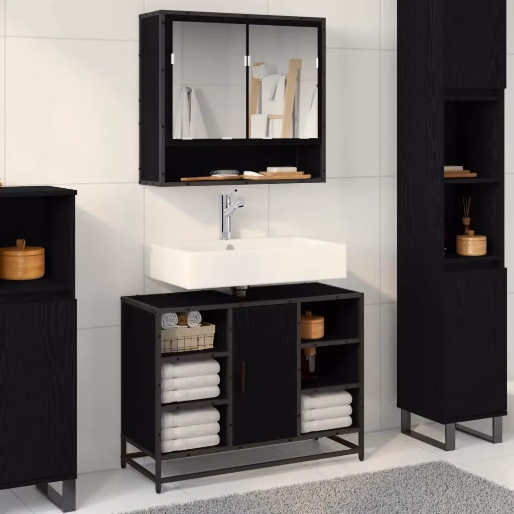 Set di mobili da bagno moderno composto da mobile lavabo e armadietto con specchio in legno e metallo nero opaco L/P/H: 80 x 60 x 39,35 cm – 2