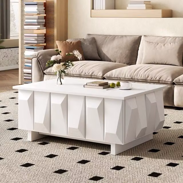 Tavolino da salotto con 3 ante e vani contenitore, frontali 3D geometrici, in truciolare bianco, 95 × 67 × 39.5 cm
