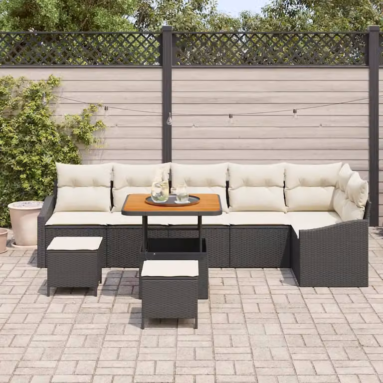 vidaXL Set Divano da Giardino Moderno a L in Poly Rattan Nero con Cuscini e Tavolino da 9 Pezzi