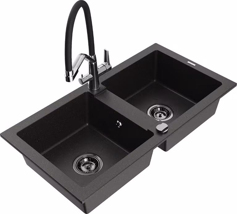 Mexen Mario lavello in granito a 2 vasche con rubinetto da cucina Duo, nero/oro metallico - 6504-75-671701-07-B