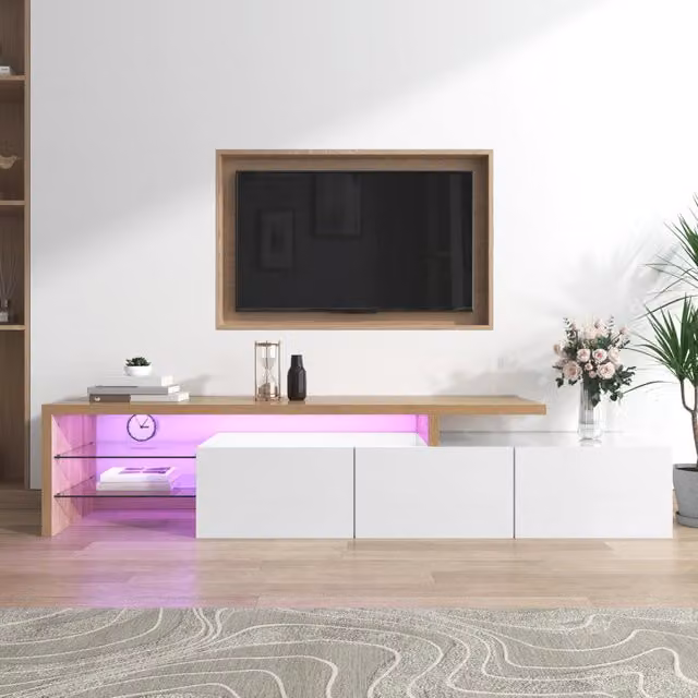 Mobile TV moderno - Zephmum - Design elegante, finitura lucida bianca, vetri, illuminazione LED