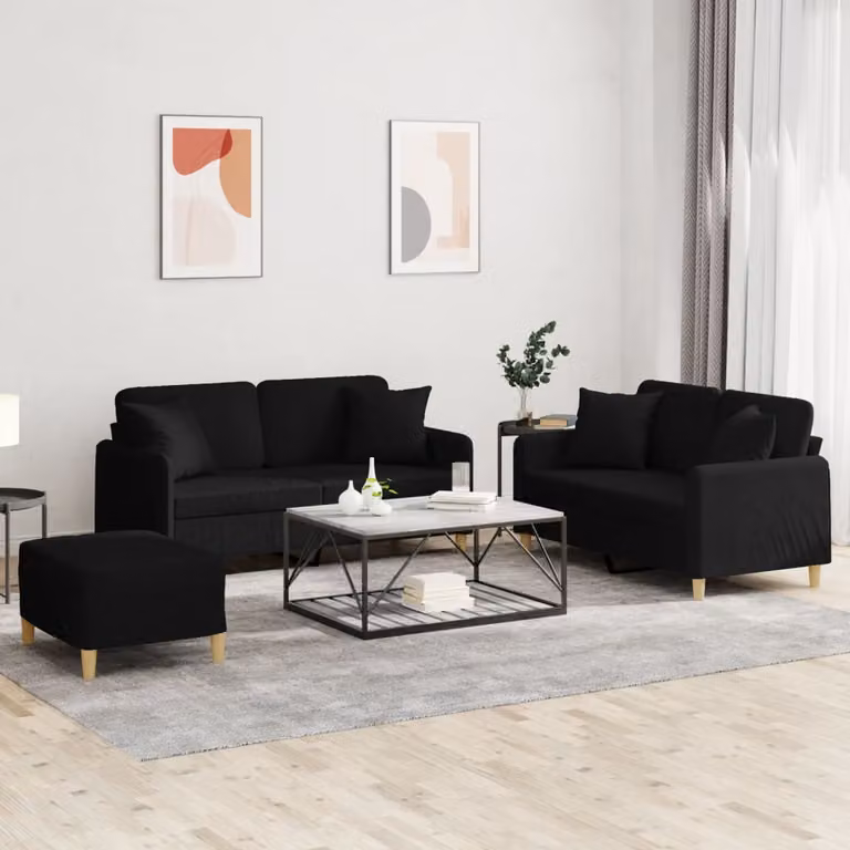 Set di divani 3 pezzi vidaXL in tessuto nero con cuscini per soggiorno
