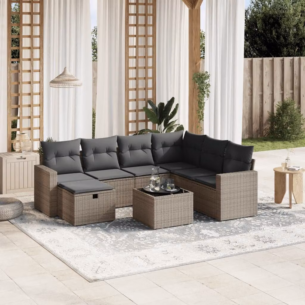 vidaXL Set Divano da Giardino a L 8 pz con Cuscini Grigio in Polyrattan e Struttura in Acciaio – 1