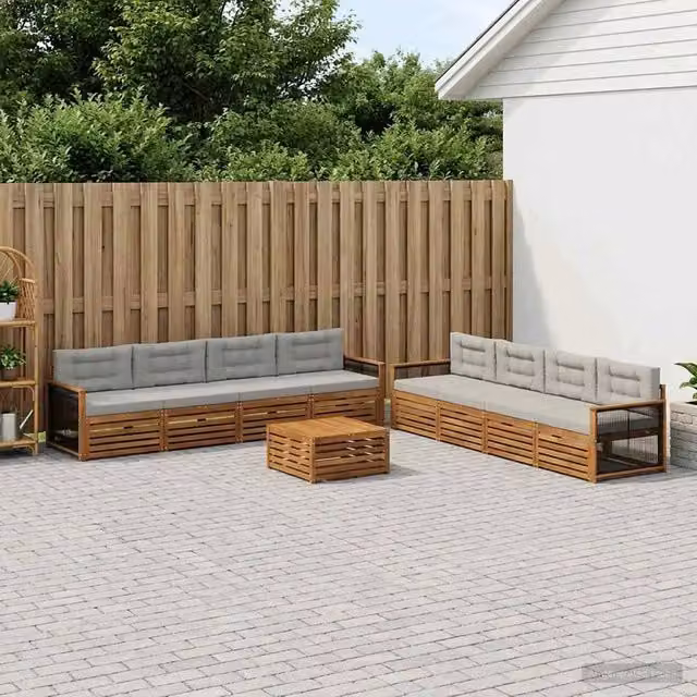 Set di divani da esterno a forma di U vidaXL in legno di acacia con tavolino e cuscini, Marrone e Grigio – 1