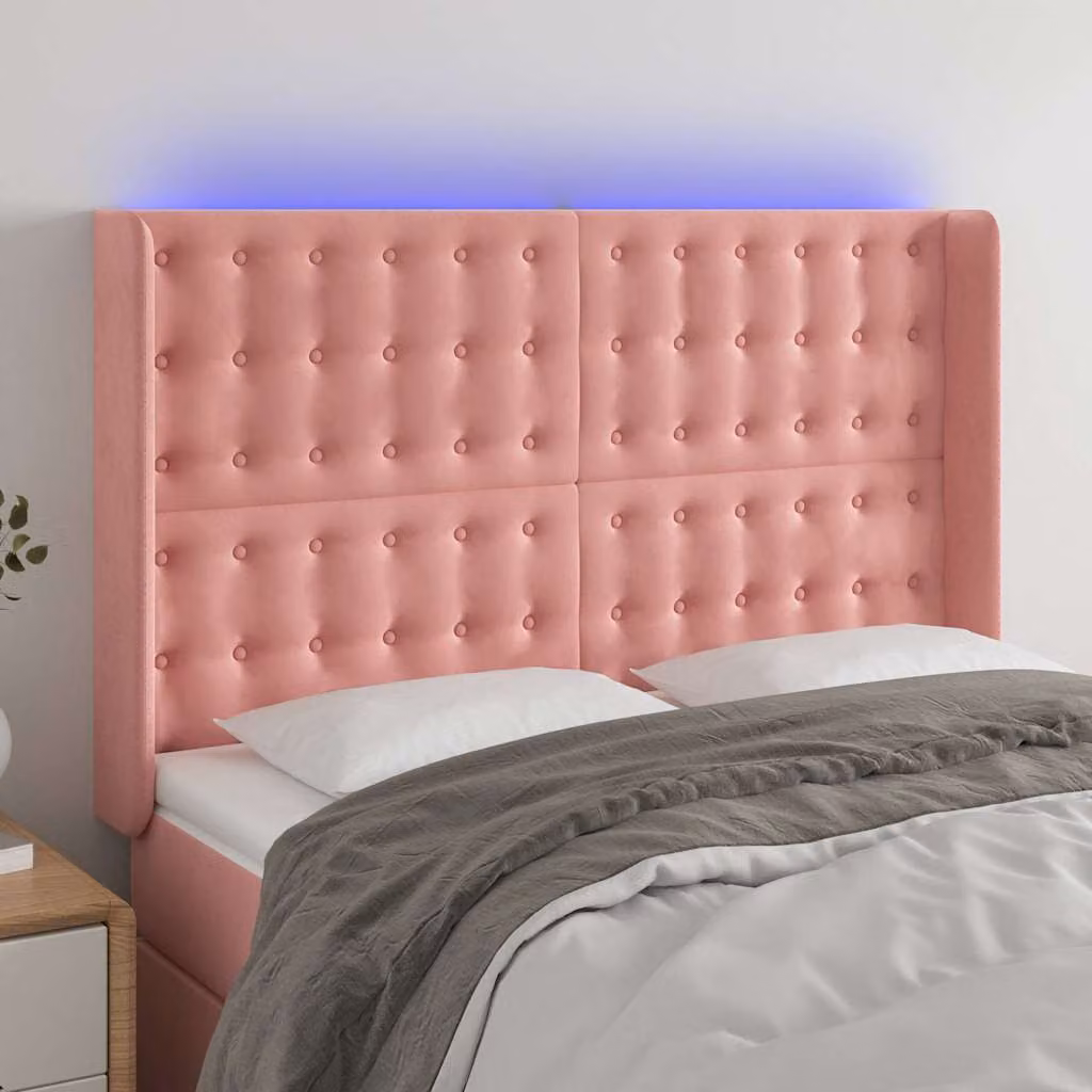 Testiera con LED e porta USB vidaXL in velluto rosa, L: 147 cm, P: 16 cm, H: 118-128 cm – 1