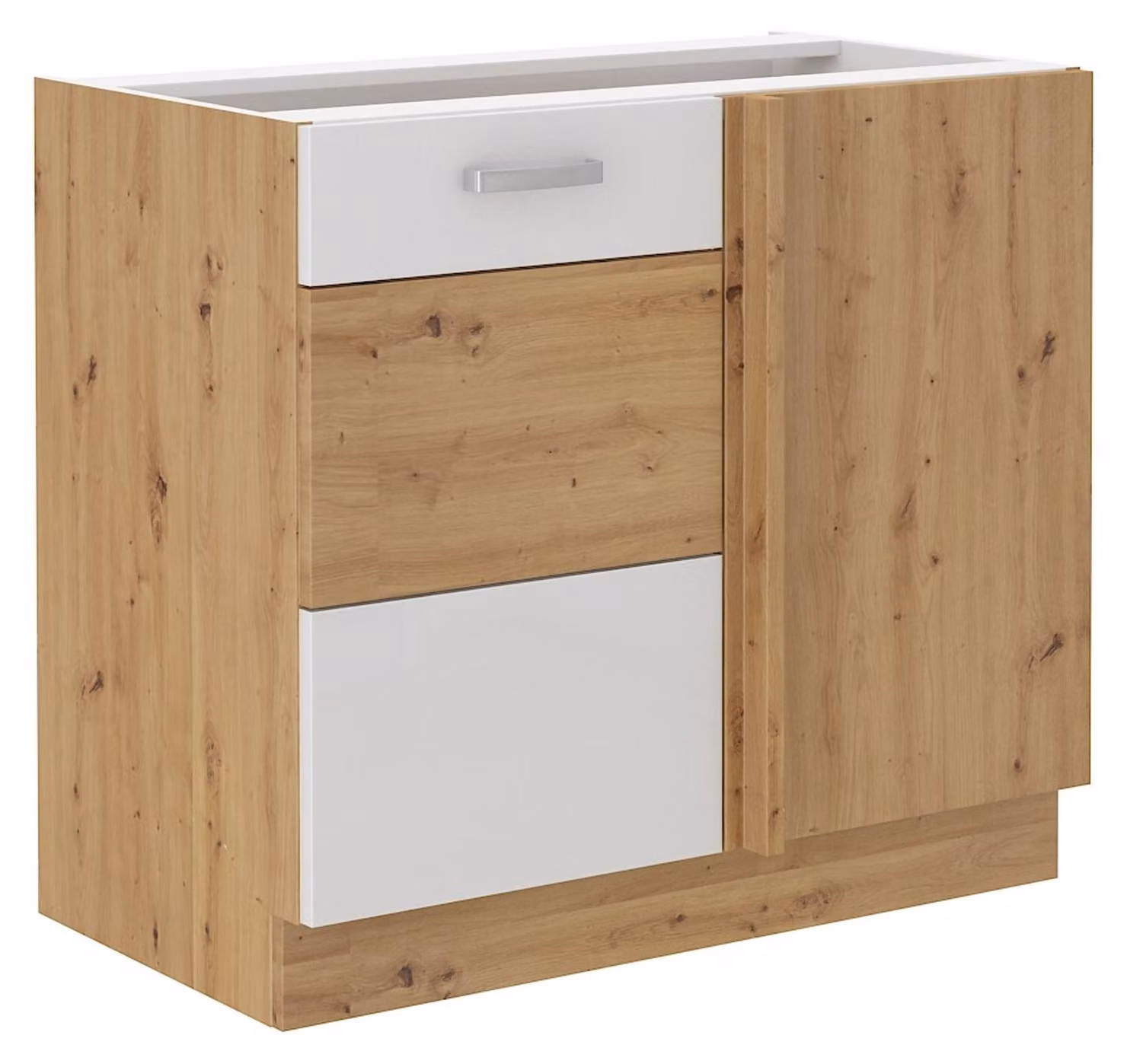 Mobiletto angolare da 105 cm, finitura "Artisan" in legno di quercia e ante in bianco lucido, per cucina lineare o blocco cucina
