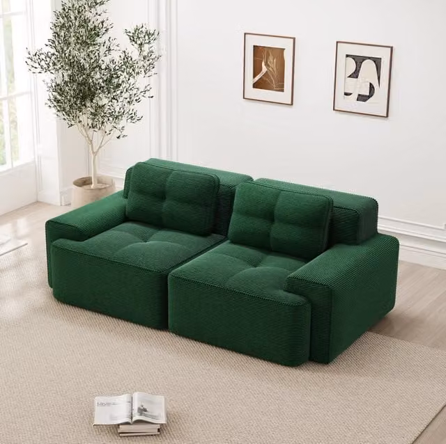 Divano modulare a seduta bassa in velluto a coste verde con seduta profonda 74 cm HOMVRA