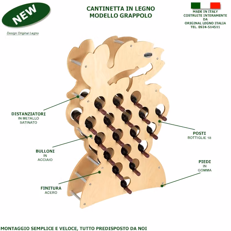 Cantinetta porta bottiglie vino modello Grappolo Original Legno Italia in legno finitura acero beige L: 75 cm, P: 25 cm, H: 120 cm – 2