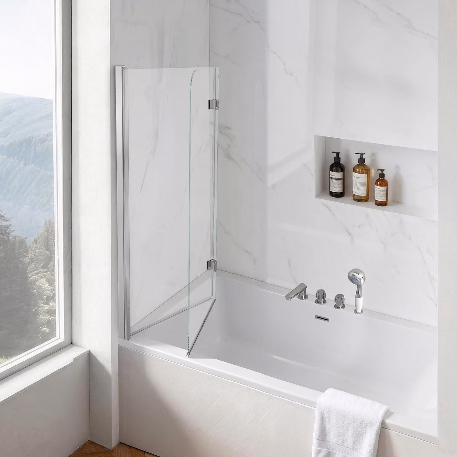 Pannello doccia angolare per vasca da bagno, dimensioni 120x140 cm, vetro da 6 mm, finitura argento