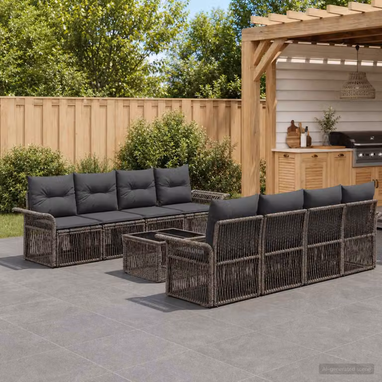 Set Divano da Giardino vidaXL 9 pz Grigio in Polyrattan con Cuscini e Tavolino