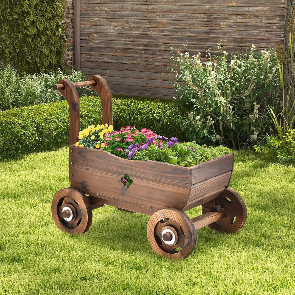 Carrello fioriera decorativo in legno Costway con ruote e maniglia, Marrone, L: 68,0 cm, P: 38,5 cm, H: 53,5 cm