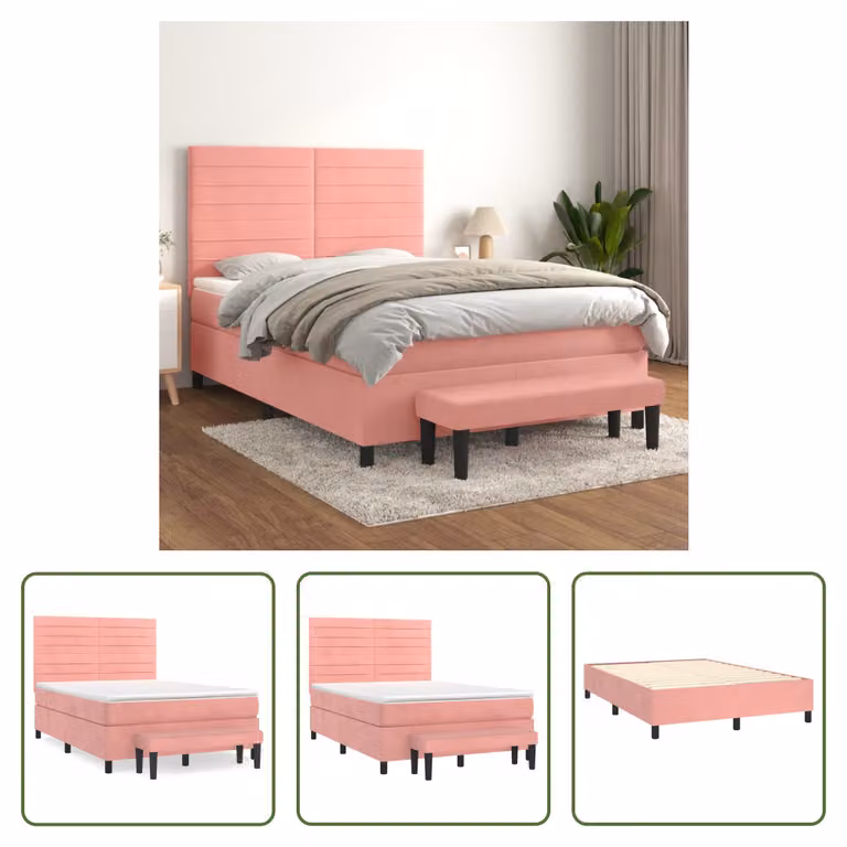The Living Store Letto a molle con materasso Rosa 140x190 cm Velluto