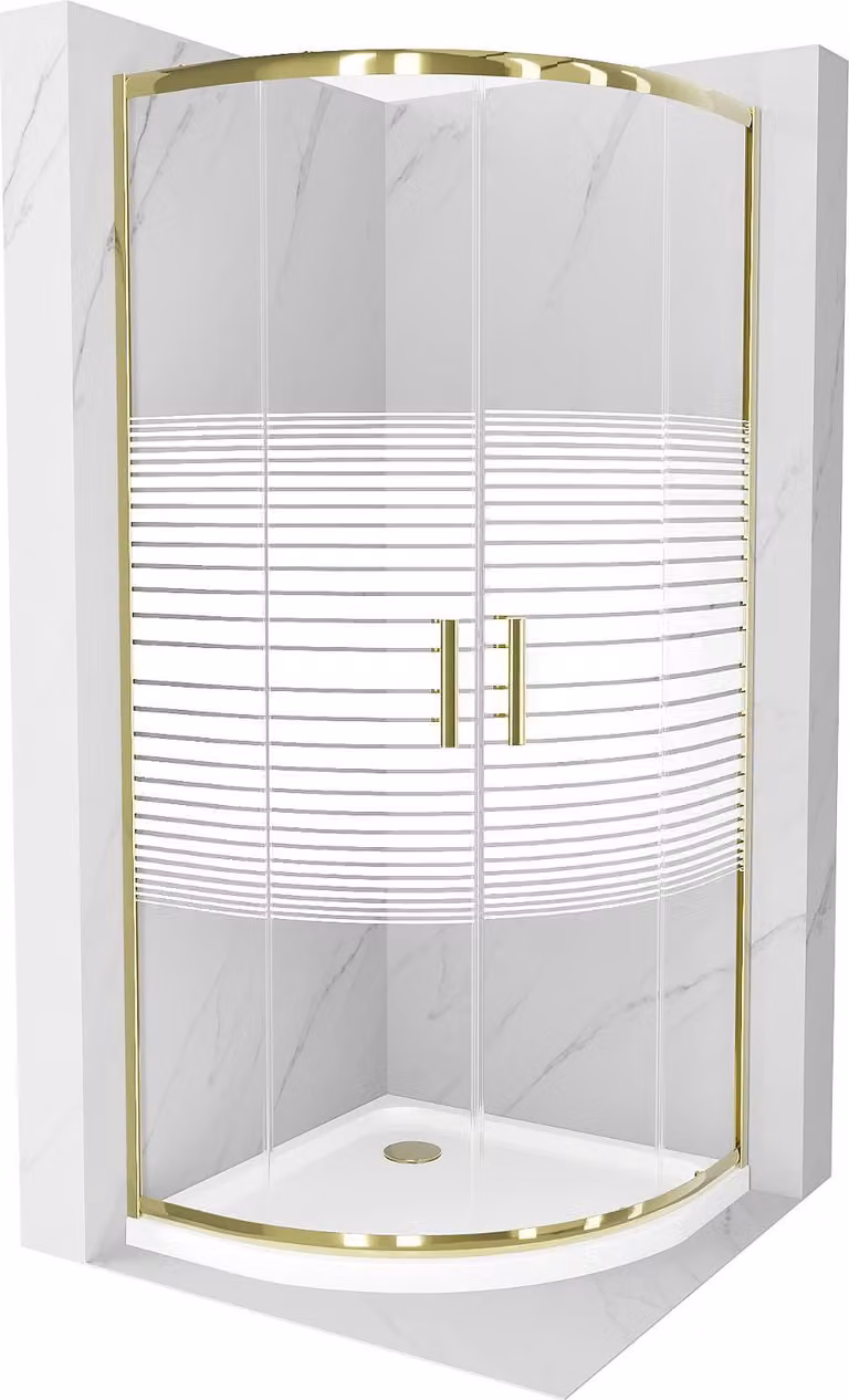 Mexen Rio cabina doccia semicircolare 90 x 90 cm, strisce bianche, oro + piatto doccia Flat, bianco - 863-090-090-50-20-4110G