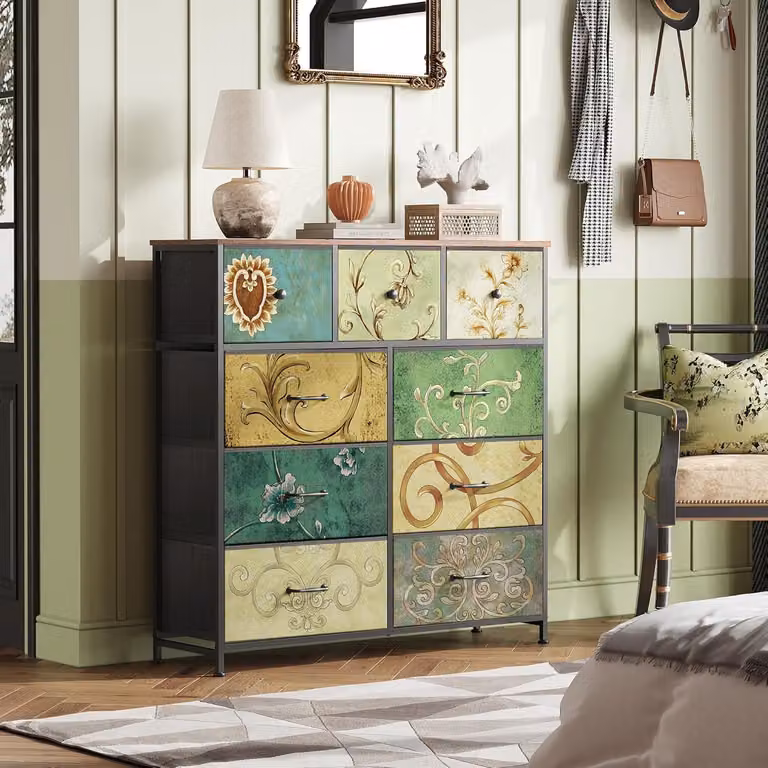 Cassettiera da 100 cm, con 9 cassetti, motivo vintage, mobili da salotto in legno - Multicolore
