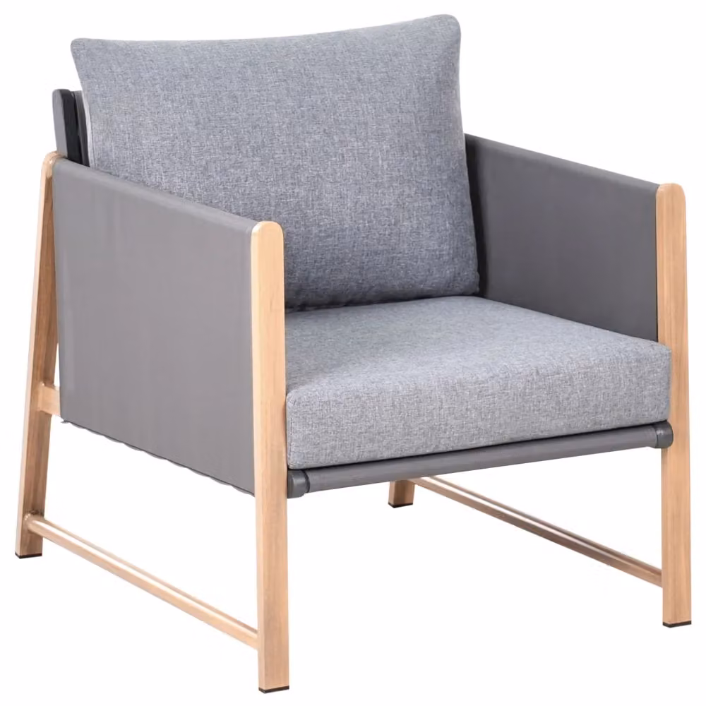 Set da giardino Beliani composto da divano a 3 posti, poltrone, ottomano e tavolino con piano in vetro, struttura in alluminio grigio e finitura legno, colore grigio e marrone – 2