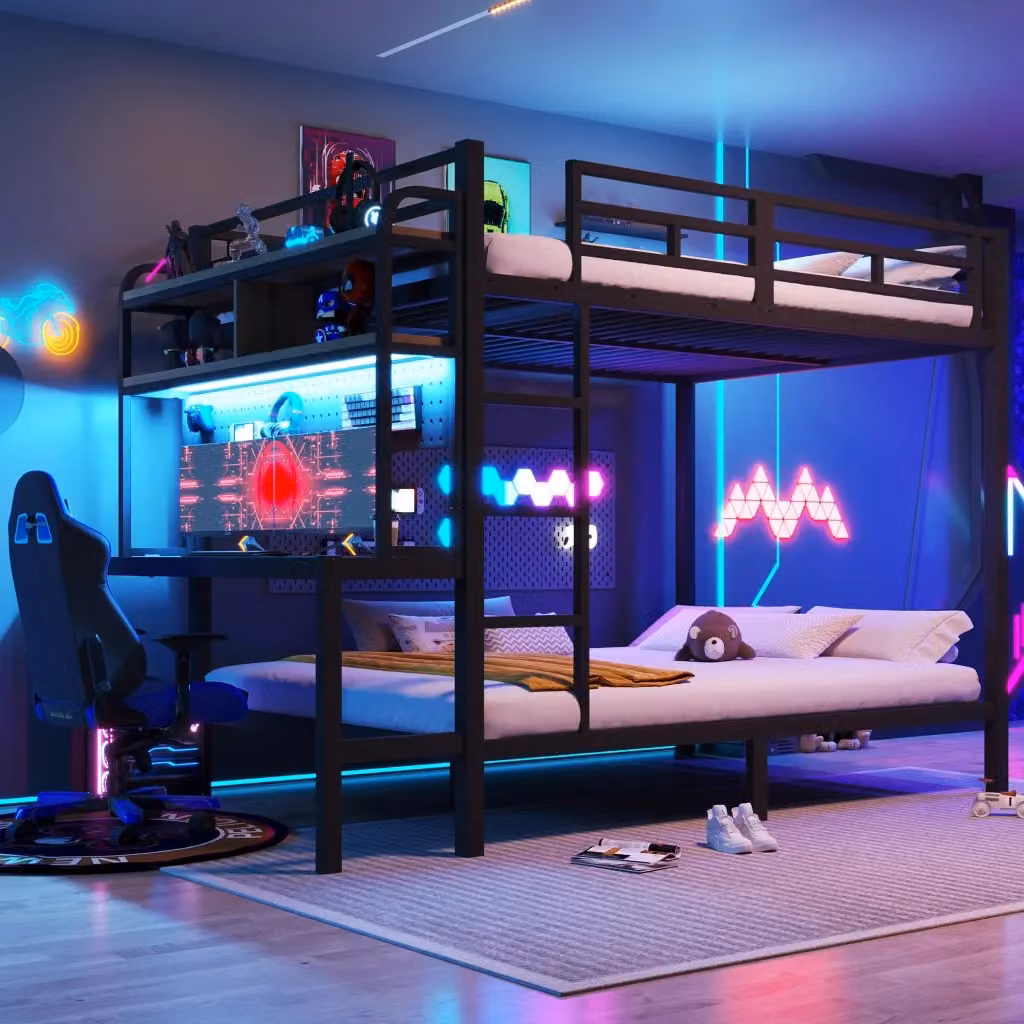 Letto a castello moderno REDOM in metallo nero con scrivania, illuminazione LED e porta USB per bambini, L/P/H: 200 x 140 x 248 cm – 2