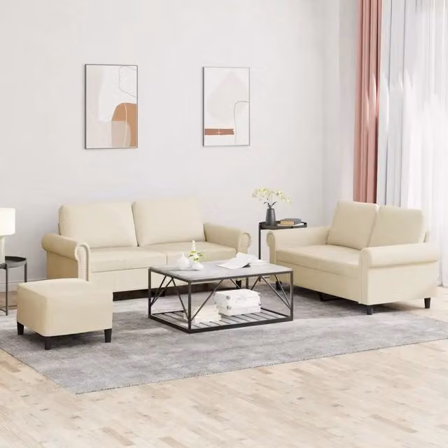 Set di divani 3 pezzi vidaXL in similpelle beige con pouf e cuscini per soggiorno