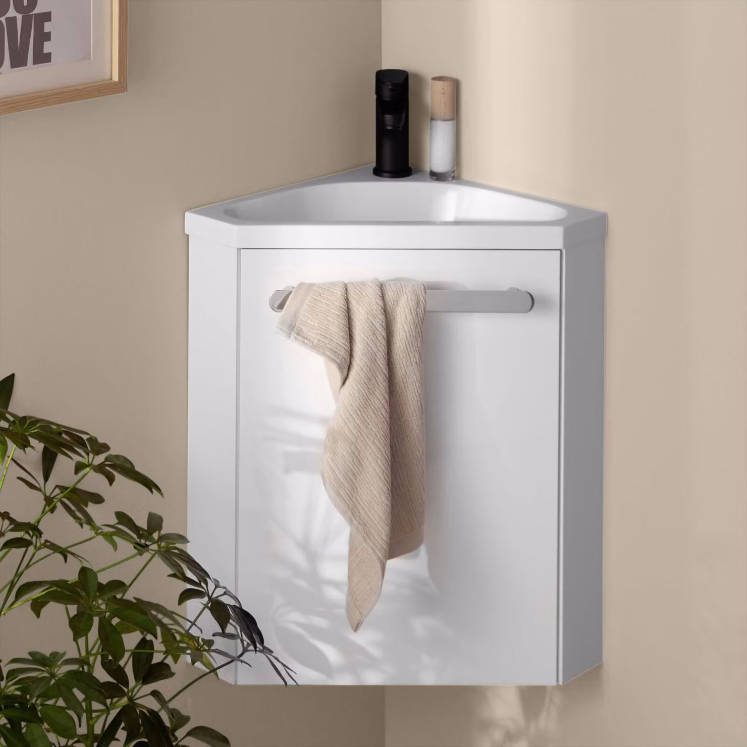 Gruppo lavabo angolare sospeso SKINO con rubinetto nero
