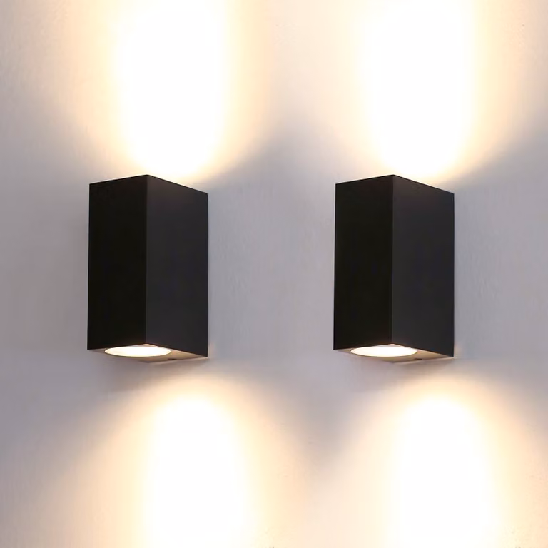 Set di due applique a parete, colore nero, alluminio, attacco GU10, grado di protezione IP44, con luce direzionabile verso l'alto e verso il basso