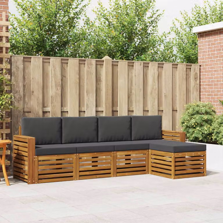 Set di divani da esterno a L vidaXL in legno di acacia con pouf e cuscini, colore Antracite e Naturale