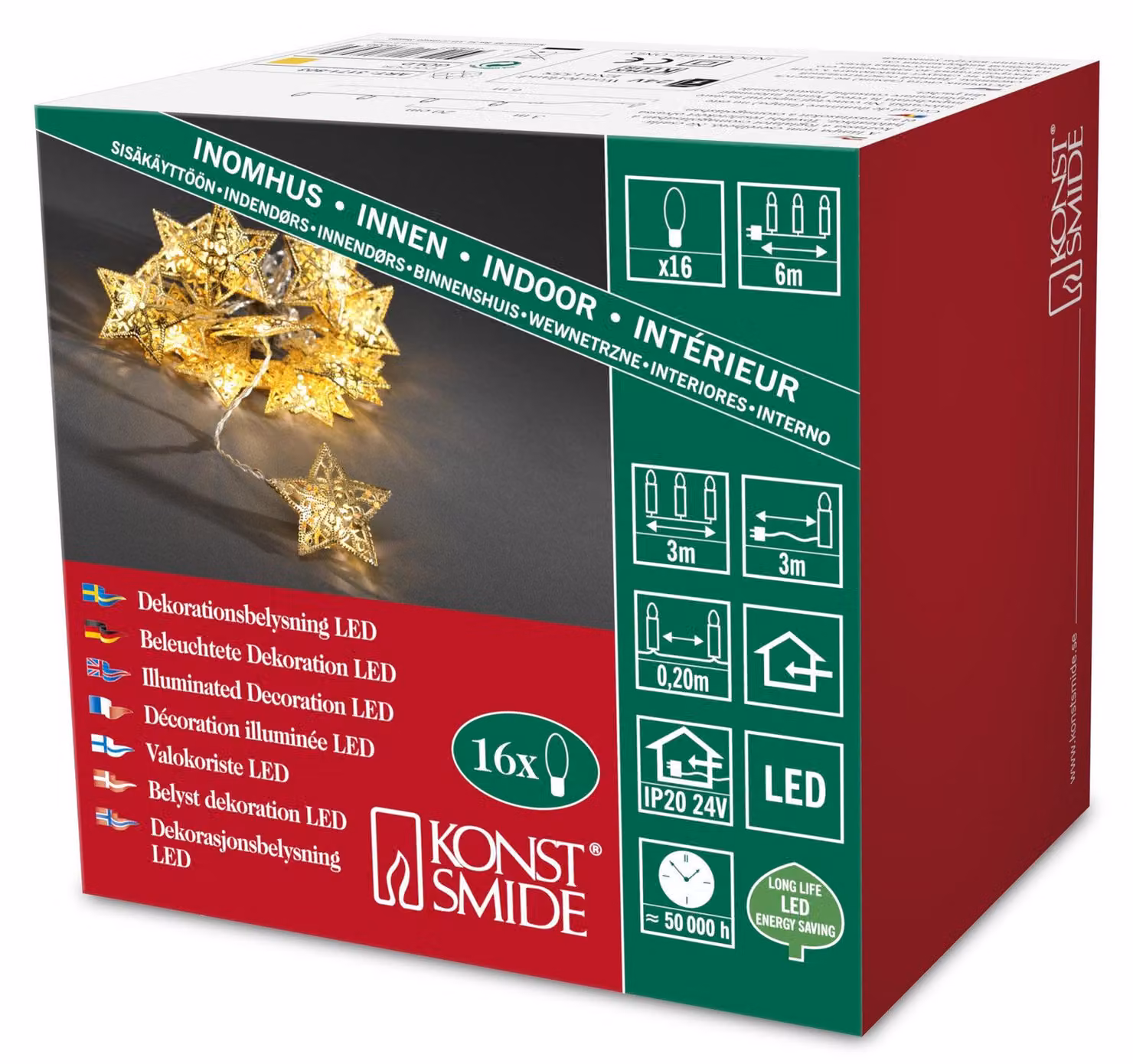 Catena luminosa a LED con stelle dorate, 16 LED a luce calda, 24V