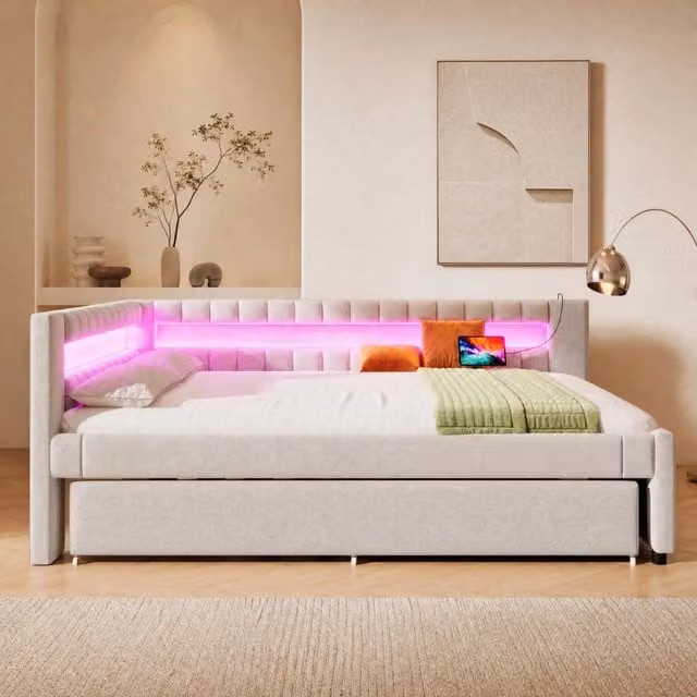 Letto Daybed estraibile REDOM in tessuto beige con illuminazione sottostante e porta USB, L: 200 cm, P: 140 cm
