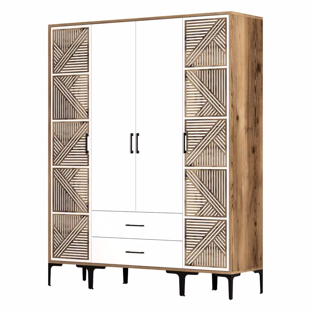 Armadio da camera da letto DMORA moderno con ante a battente e cassetti integrati, Bianco e Marrone, L: 160 cm, H: 201 cm – 2