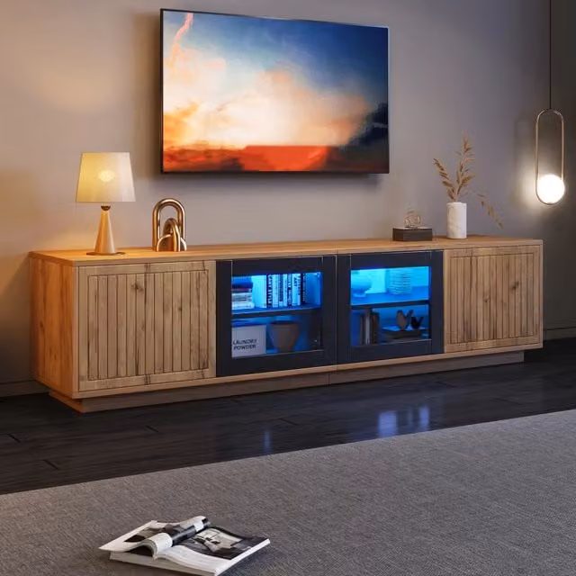 Mobile TV con 4 ante e illuminazione LED via app in truciolare nero effetto legno 180 × 40 × 45 cm