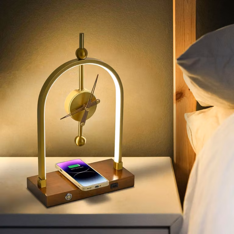Lampada da scrivania a LED, orologio silenzioso con caricatore wireless, illuminazione moderna e regolabile per camera da letto, studio, spina UE 100-240 V
